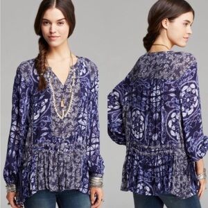 Free People Floral Print Blue Blouse